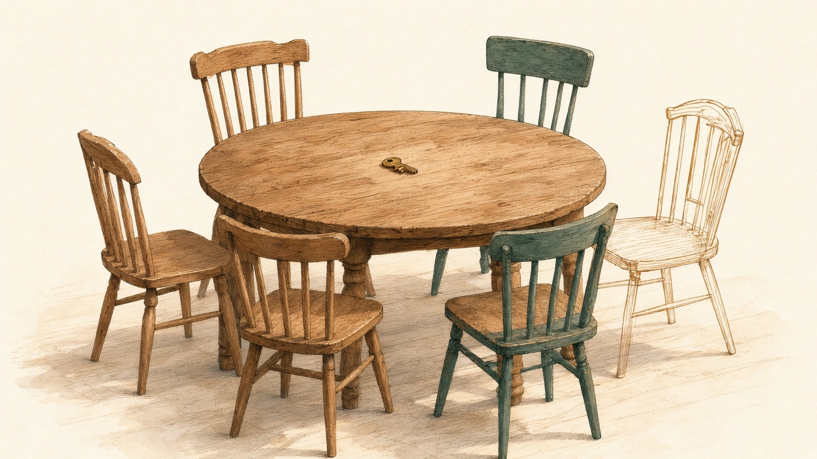 A worn round table with five mismatched chairs set at equal distance and a sixth place indicated in fine gold line, a single brass key at the centre.