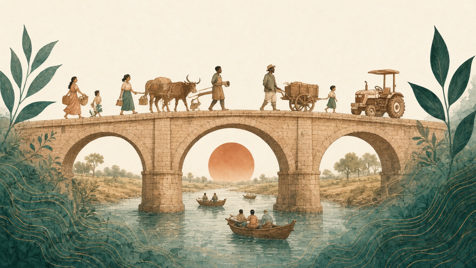 A three-arched stone bridge busy in both directions with people, a laden ox, a handcart and a tractor; both approaches are open ground with no gate and nowhere to collect a toll.