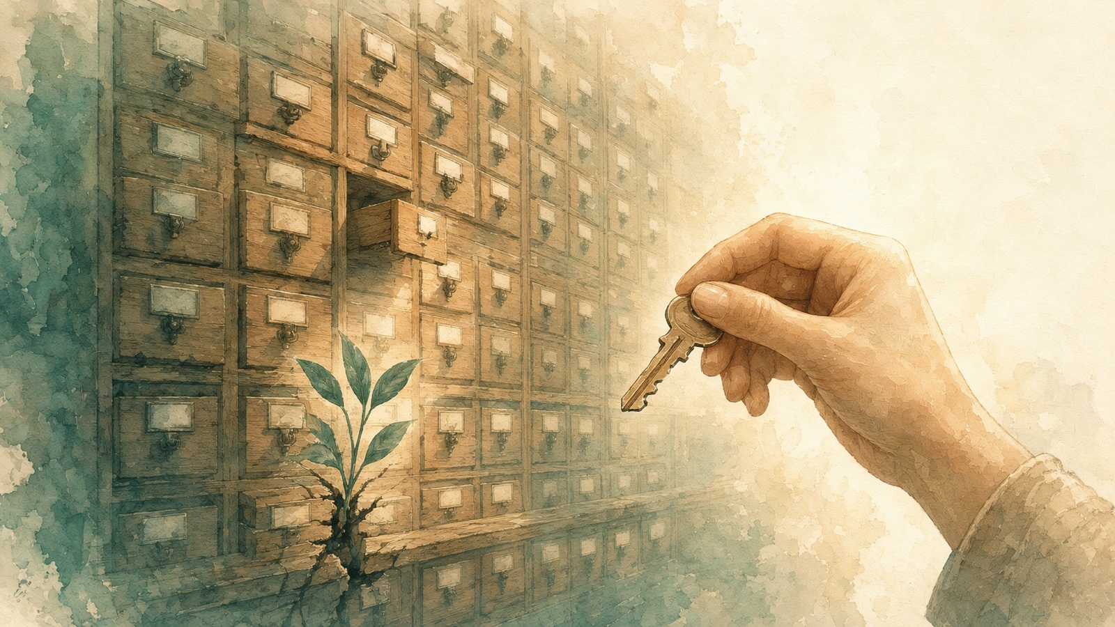 A hand holding a small worn brass key in front of a towering wall of identical timber ledger drawers receding into shadow, one drawer hanging open and empty, a green shoot growing from a crack at its base.