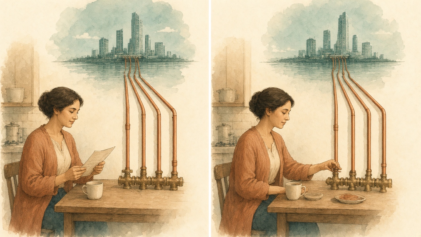 The same woman at her kitchen table twice: first reading while beads of light travel out along copper pipes to distant towers, then with brass valves within reach at the table edge, one closed, the light travelling back to a dish beside her cup.