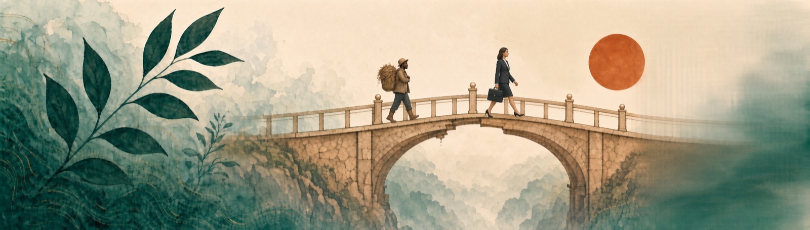 A long masonry span crossing a misted ravine at first light; a smallholder with a hay bundle and a professional with a briefcase pass each other mid-crossing, with no gate at either end.