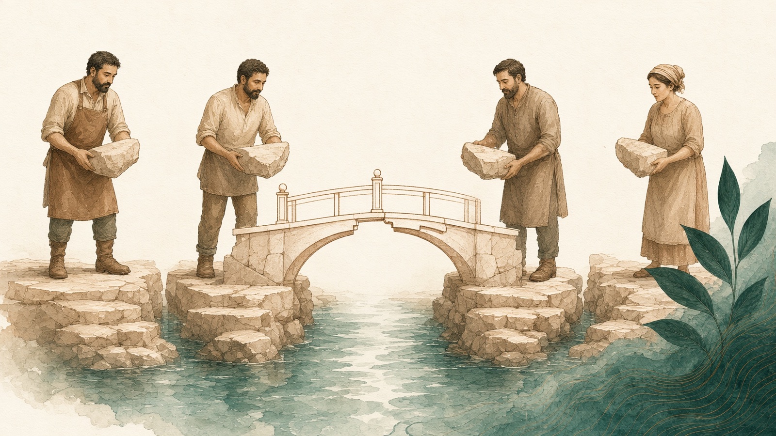 Four builders standing on separate stone landings above a river, each holding one wedge-shaped block; the arch those stones make is drawn above them in fine gold line.