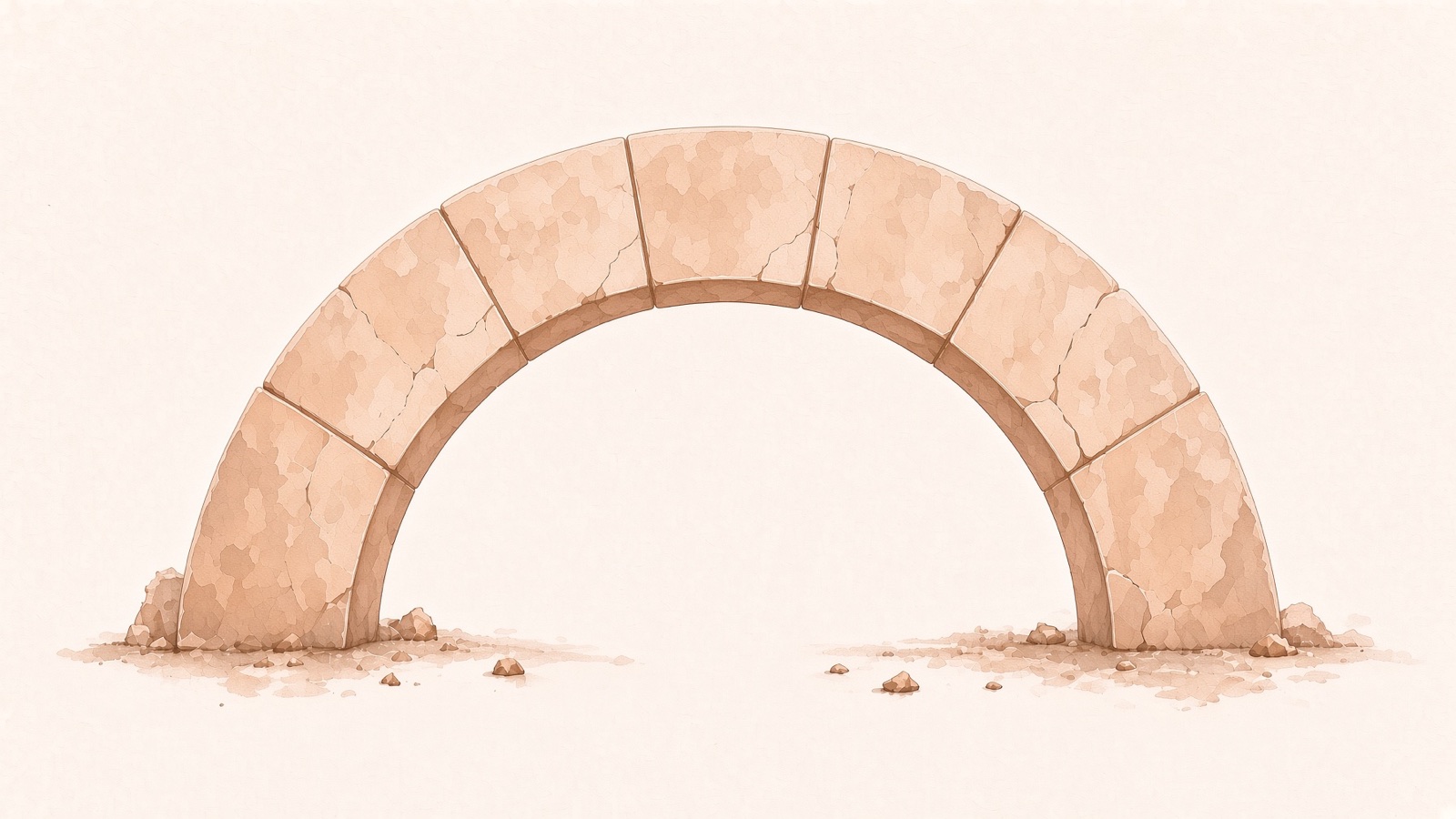 A masonry arch, complete, standing on open ground.