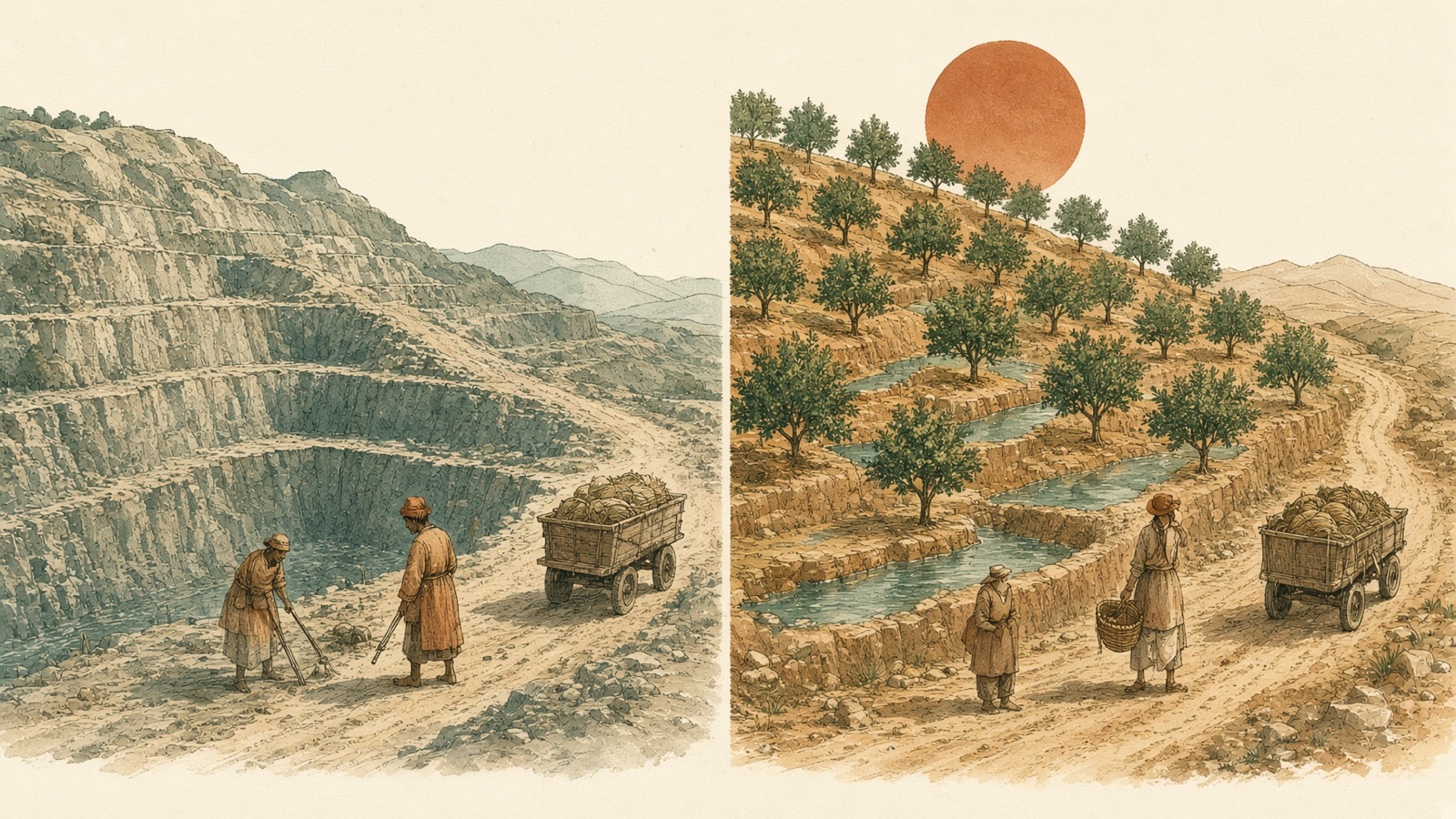 The same hillside twice: first worked as a quarry in cool grey with a loaded cart leaving, then terraced and planted as an orchard with water held in the steps.