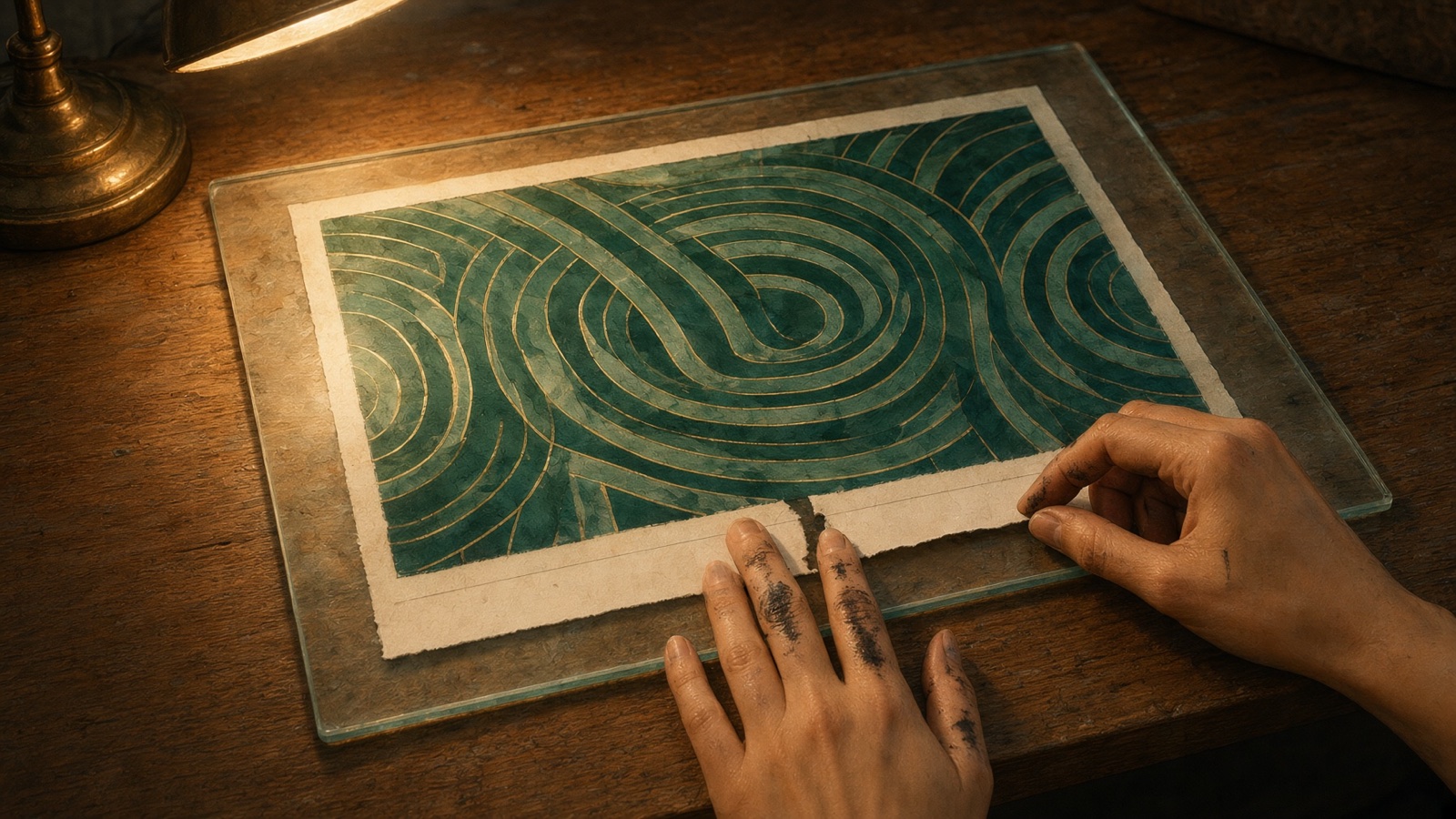 A worn desk under a brass lamp; a glass photographic plate of concentric arcs, its torn paper caption strip being set carefully back into place by a hand with ink on the fingers.